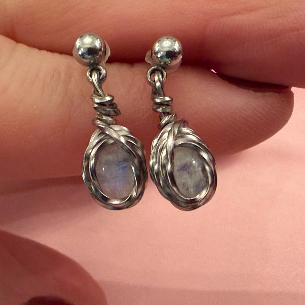 Wire Wrapped Moonstone Silver Drop Earrings